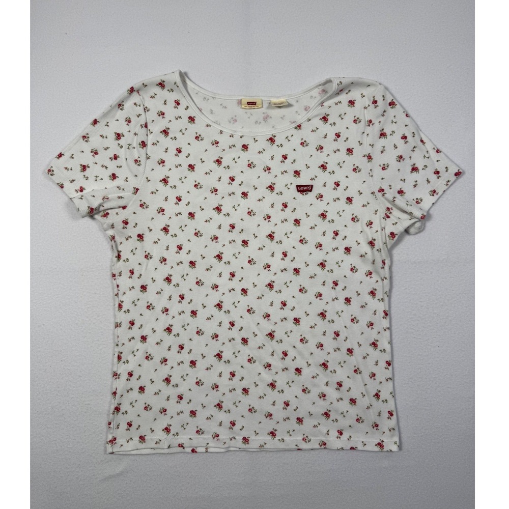 Cottagecore Levi's Womens XL Baby Tee White Red Floral Ditsy Ribbed Short Sleeve